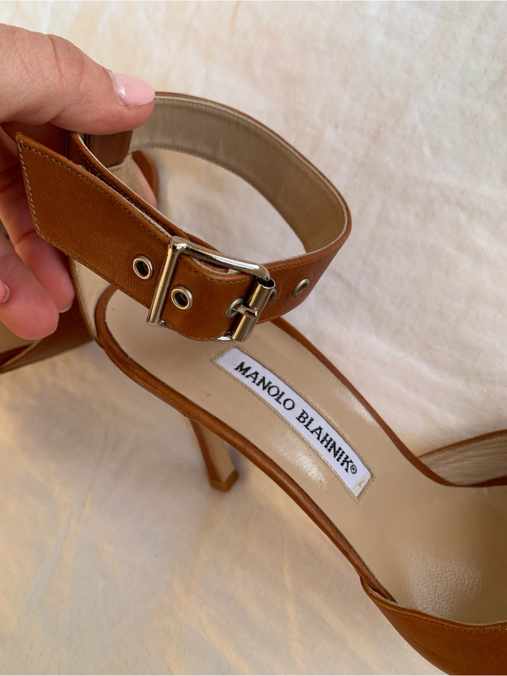 NWT Vintage Manolo Blahnik Leather Buckle Peep Toe Ankle Strap Heels Brown Tan - Picture 6 of 11